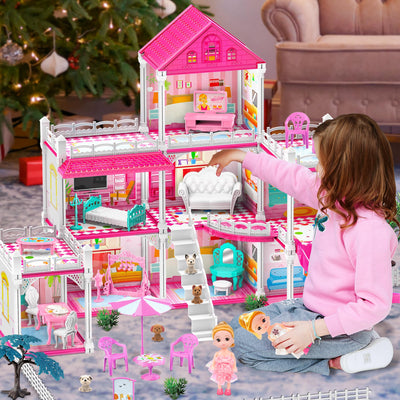 Princess'Castle House for Girls, Dollhouse Playset, 3-Story 8 Rooms Playhouse with 2 Dolls Toy Figures and Furniture & Accessories, Toy Gifts for Kids 3 4 5 6 7 8 9+ Year Old