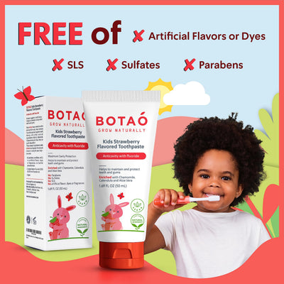 Botao Kids Natural Strawberry Flavored Anticavity Fluoride Toothpaste Maximum Cavity Protection Cleans Children’s Teeth Protects Gums Chamomile Aloe Vera Calendula Xylitol for Ages 2 and Up