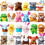 Set of 24 small plush toys in various animal designs on a white background