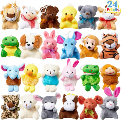 Set of 24 small plush toys in various animal designs on a white background