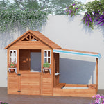 BIRASIL Kids Playhouse with Sandbox, Wooden Outdoor Cottage Play House with Sand Pit for Backyard Garden Ages 3 to 10 Years Old (Brown)