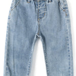 KIDSCOOL SPACE Baby Boy Jeans,2 Back Pockets D Ring Elastic Waist Denim Pants,Light Blue,6-9 Months