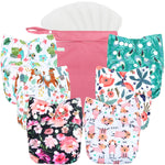 Set of colorful patterned baby diapers with a pink bag on a white background