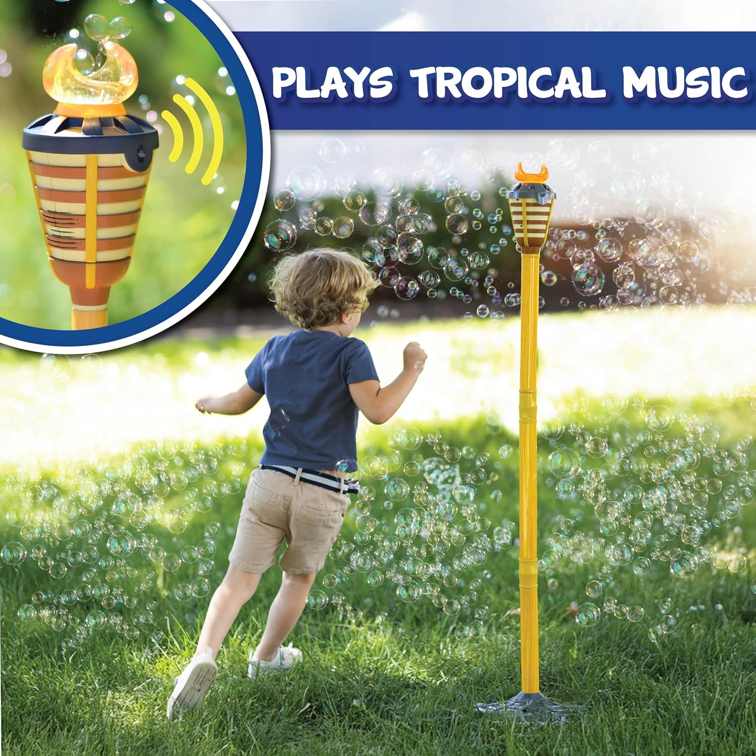 Tiki Torch Bubbler - Bubble Machine with Lights and Music, Bubble Blower and Wand, Rechargable Outdoor Toy for Kids Teens Adults, Includes 4oz Bubble Solution