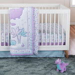 Sammy & Lou Tiny Dinos 4-Piece Baby Nursery Crib Bedding Set for Girls, Includes Quilt, Fitted Crib Sheet, Crib Skirt, and Plush Toy