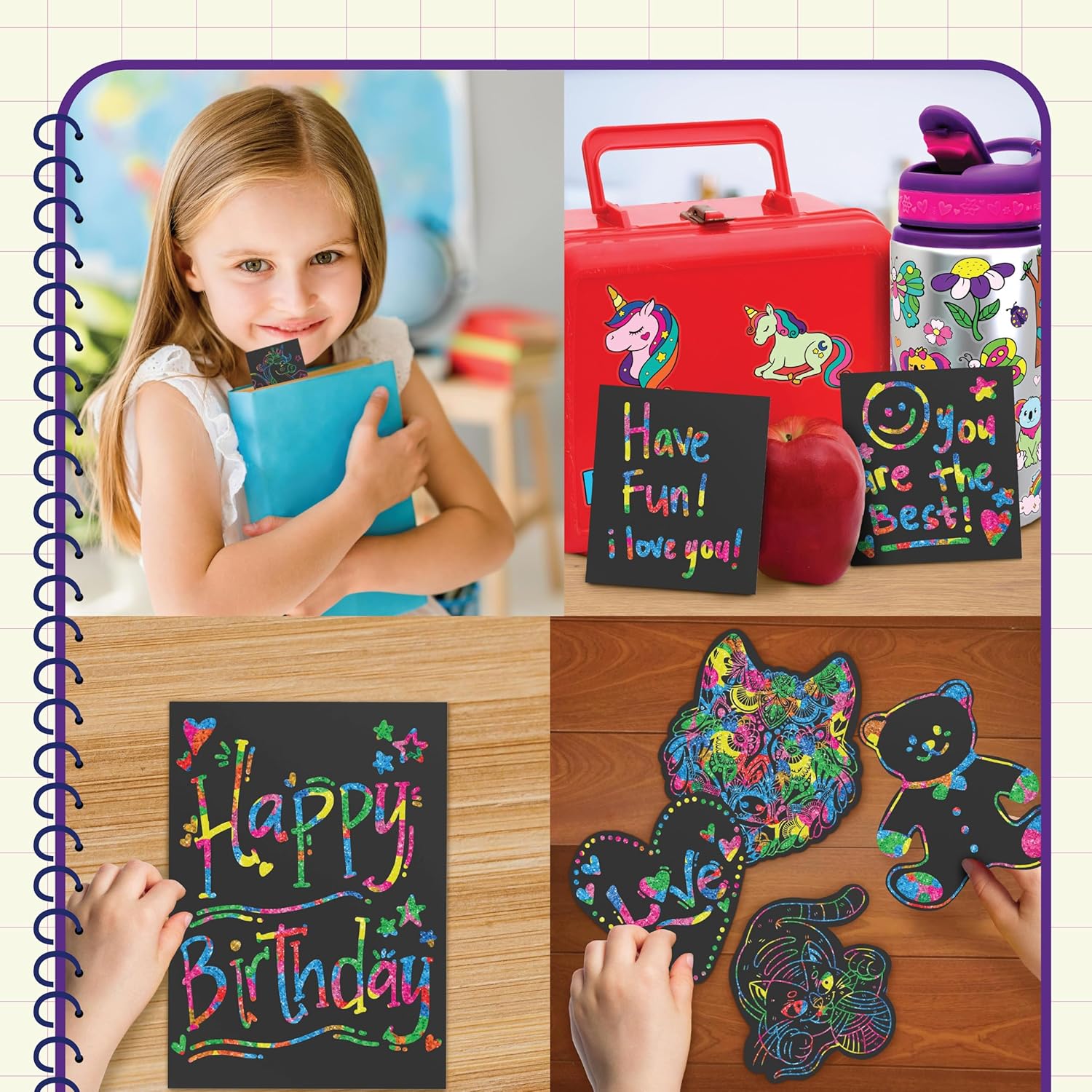 PURPLE LADYBUG Rainbow Scratch Art Paper, 79 PCS Creative Drawing Paper & Stencils - Arts and Crafts for Ages 4-12, Kids Craft Activity Set for Summer, Wedding, Travel, Birthday Party Games, Camping