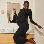 Motherhood Maternity Women's Long Sleeve Mesh Turtleneck Maxi Pregnancy Bodycon Dress, Gold Lurex