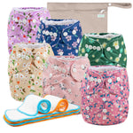 Set of colorful cloth diapers with floral patterns and a matching pouch on a white background.