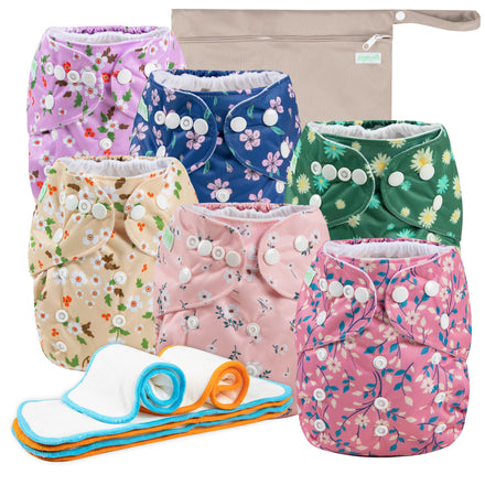 Set of colorful cloth diapers with floral patterns and a matching pouch on a white background.