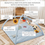 Beautiful Baby Play Gym and Tummy Time Mat - Soft Mat with 5 Farm Toys Creates The Perfect Activity Area for Your Girl/Boy - Stylish Infant Floor Playmat Fits Nicely with Any Playroom Decor
