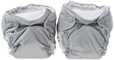 Two gray cloth diapers with button closures on a white background