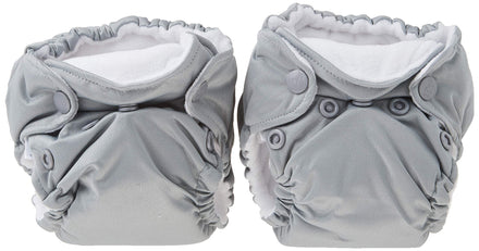 Two gray cloth diapers with button closures on a white background