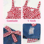 Kucnuzki Baby Girl Clothes Toddler Girl Summer Two Piece Outfit Kids Ruffle Sleeveless Plaid Tops Denim Jeans Shorts Set