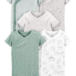 Simple Joys by Carter's Baby 5-Pack Side Snap Short-Sleeve Bodysuit, Green/Grey Forest Animals/Light Grey Heather/Mint Green Stripe/White Llama, Newborn