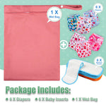 Wegreeco Cloth Diapers 6 Pack with Inserts & Wet Bag, Washable Reusable Diapers for Babies, One Size Adjustable (Colorful Summer)