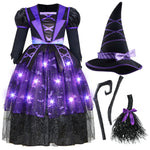 Spooktacular Creations Halloween Witch Costume Kids, Light Up Witch Dress with Hat and Broom for Girls, Toddlers Bat Outfit Set for Halloween Costumes Role Play Parties, Purple (3T(3-4 yrs))