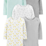 Simple Joys by Carter's Kid's 5-Pack Long-Sleeve Bodysuit Shirt, Mint/Stripes/Heather Grey/Prints, NB