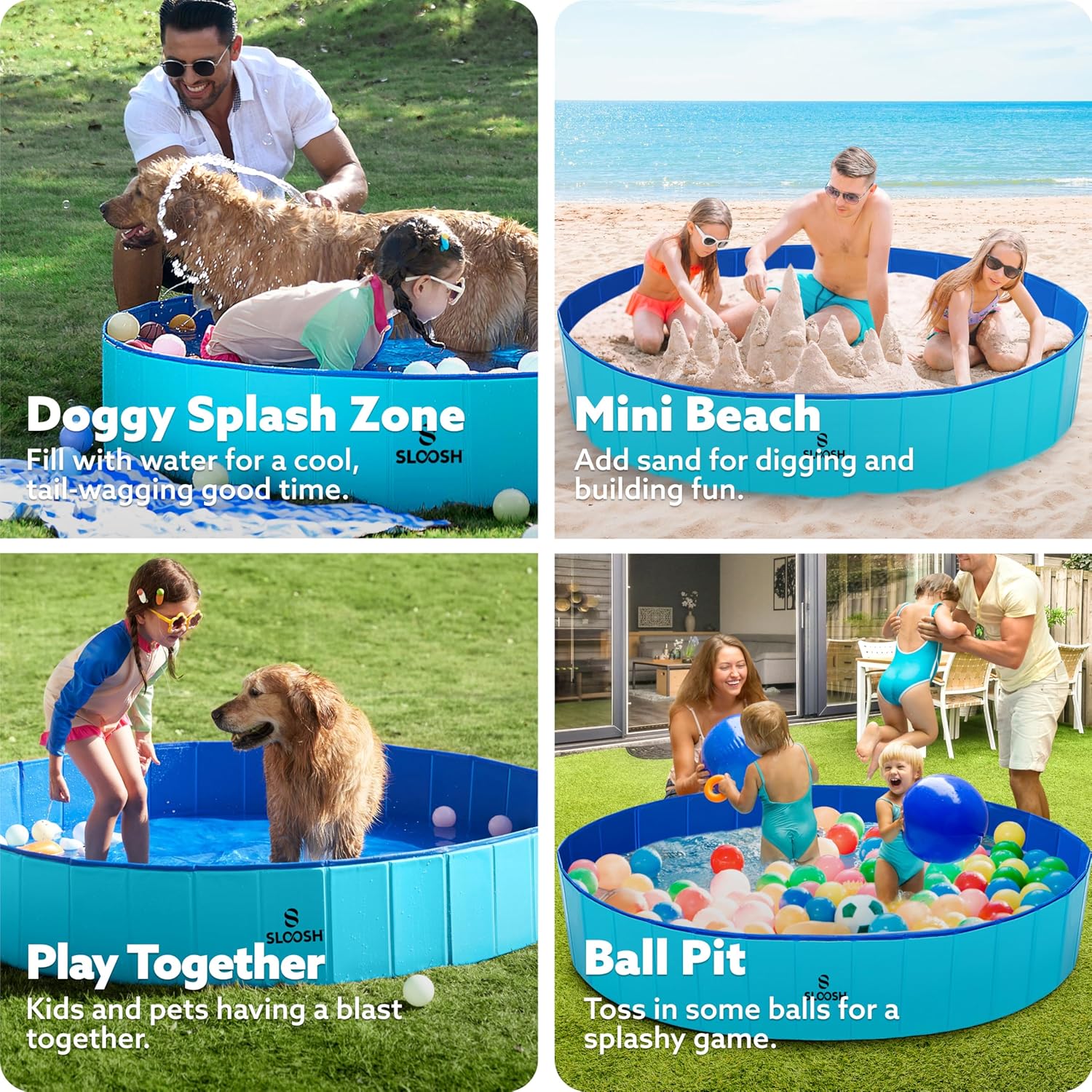 Sloosh Foldable Dog Kiddie Pool - Portable Hard Plastic Doggie Swimming Pool, Anti-Slip Collapsible Pets Bath Tub Suitable for Kids Indoor Outdoor Backyard Use (71" x 12", Blue)