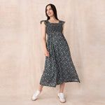 Motherhood Maternity Women's Sleeveless Ruffle Shoulder Smocked Maxi Pregnancy Dress, Black Ditsy Floral, Large