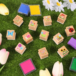 HOWAF 12pcs Spring Wooden Stamps, Hello Spring DIY Craft Rubber Stamps, Animal Daisy Flower Inking Stamp Pads Set, Butterfly Stamp Sunflower Inking Pads for Summer Party Supplies