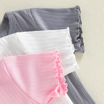 3 Pack Kids & Toddler Baby Unisex Puff Sleeve Shirt, Girl Boy Crewneck Cotton T Shirt, Pure Color Basic Tees 6M-5Y (Pink/White/Grey, 6-12 Months)