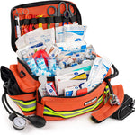 Scherber First Responder Fully-Stocked Professional Essentials EMT/EMS Trauma Kit | HSA/FSA Approved | Reflective Bag w/8 Zippered Pockets & Compartments & 200+ First Aid Supplies - Red