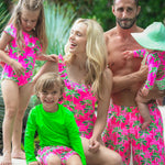 RUGGEDBUTTS Boys UPF50+ Sun Protection Fruits & Florals Swim Trunks - Neon Palm Paradise, 2T