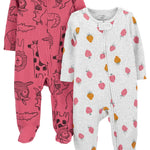 Simple Joys by Carter's Baby Girls' 2-Way Zip Thermal Footed Sleep and Play, Pack of 2, Dark Rose Forest Animals/Grey Strawberries, Preemie
