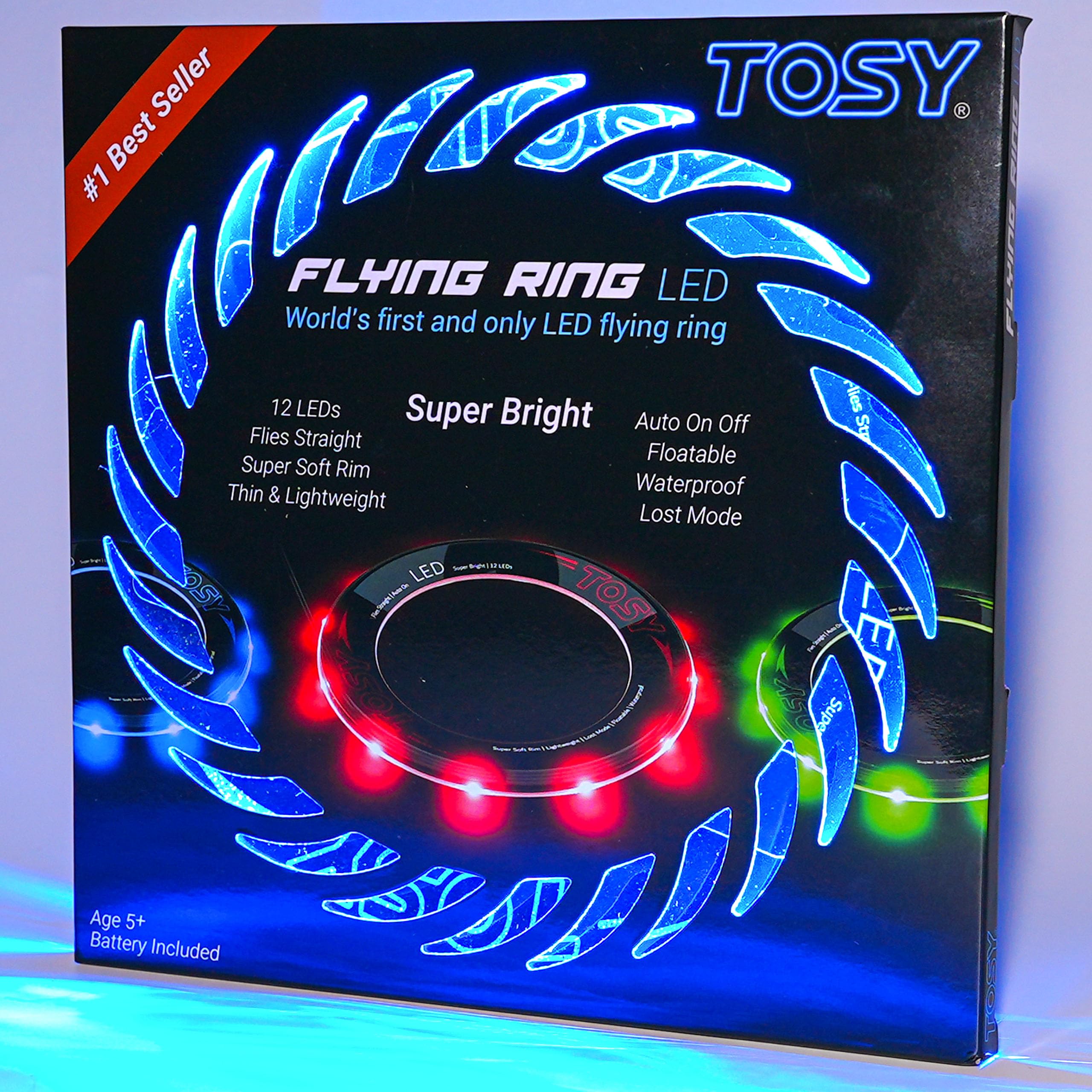 TOSY Flying Ring - 16 Million Color RGB LEDs or 12 LEDs, Super Bright, Lost Mode, Auto Light Up, Camping Essentials for Kids/Teens/Boy/Girl, Safe & Soft, Waterproof, Pool/Beach Games, Lightweight Toy