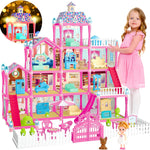 Doll House for Girls,13 Rooms Dollhouse with Dolls Figure, Puppies,Furnitures, Accessories, LED Light, Toddler Playhouse Gift for for 3 4 5 6 7 8 9 10 Year Old Girls Toys (Pink)