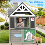Kids Playhouse Outdoor,Cedar Gray Wooden Play House for Kids Ages 3-8,Interactive Doorbell, Kitchen Counter with Utensils, Sink, Window Boxes for Flowers and Toys