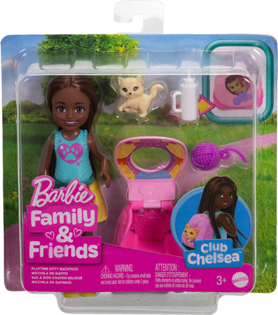 Barbie Family & Friends Playtime Kitty Backpack Brunette Chelsea Doll and Accessories, Including Backpack with Kitten, Bottle, and Yarn