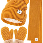 Baby Beanie Mittens Scarf Set,Toddler Infant Kids Winter Hat with Bear Ear Thermal Gloves Neck Warmer Set for Girls Boys Camel