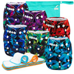 Colorful patterned cloth diapers with a teal bag and white and orange items on a white background