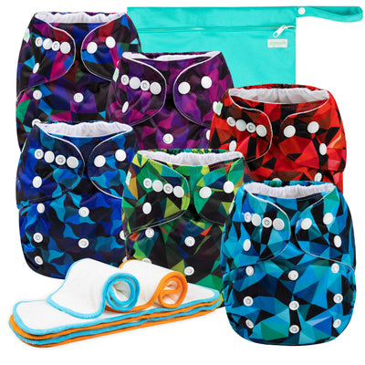 Colorful patterned cloth diapers with a teal bag and white and orange items on a white background