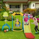 NYEEKOY 6 in 1 Toddler Slide and Swing Playset Indoor Outdoor Freestanding Playground Kids Slide Climber Swing Set with Basketball Hoop for Kids Age 3-12, Backyards Slide for Baby