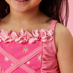 RuffleButts Girls UPF50+ Princess Dress-Up 2-Piece Swimsuit - Royal Pink Princess, 12-18 Months