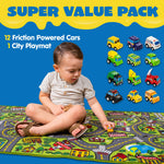 JOYIN Kids Play Rugs - 12 Pull-Back Vehicle Set - Durable Carpet Playmat Rug - City Pretending Play - Toddler Car Track Rug