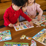 Melissa & Doug Wooden Peg Puzzle 6 Pack Numbers, Letters, Animals, Vehicles
