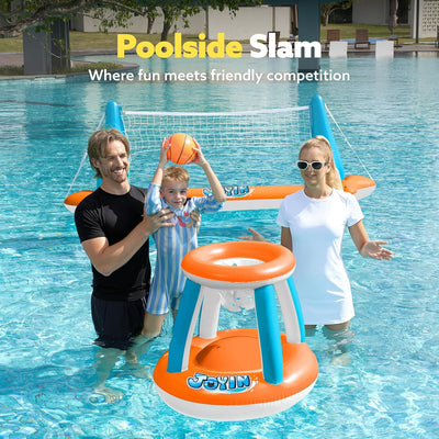 JOYIN Inflatable Pool Float Set Volleyball Net & Basketball Hoops, Floating Swimming Game Toy for Kids and Adults, Summer Floaties, Volleyball Court (105”x28”x38”)|Basketball (27.6”x23”),L-Orange