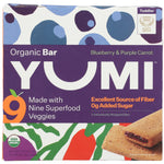 YUMI Organic Bar packaging for blueberry and purple carrot flavor with colorful design elements.