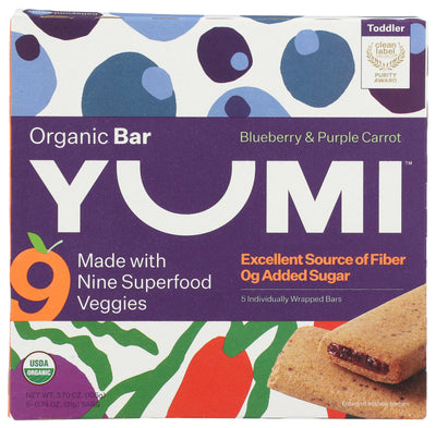 YUMI Organic Bar packaging for blueberry and purple carrot flavor with colorful design elements.