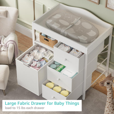 BOLUO White Changing Table with 3 Fabric Drawers and Laundry Hamper, Baby Dresser with Changing Table Top, Nursery Diaper Changing Station with Storage Modern