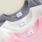 3 Pack Kids & Toddler Baby Unisex Puff Sleeve Shirt, Girl Boy Crewneck Cotton T Shirt, Pure Color Basic Tees 6M-5Y (Pink/White/Grey, 6-12 Months)