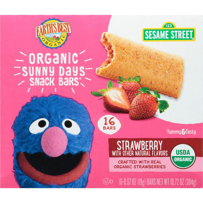 Box of Earth's Best Organic Sunny Days Snack Bars with Sesame Street branding, featuring a strawberry flavor.