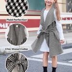 PATPAT Girls Spring Fall Outfit – Ribbed Knit Dress with Classic Plaid Cardigan – School & Photo Day Clothes, White Houndstooth, 5–6 Years