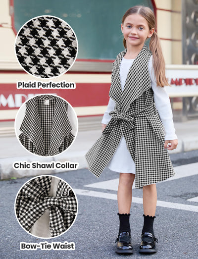 PATPAT Girls Spring Fall Outfit – Ribbed Knit Dress with Classic Plaid Cardigan – School & Photo Day Clothes, White Houndstooth, 5–6 Years