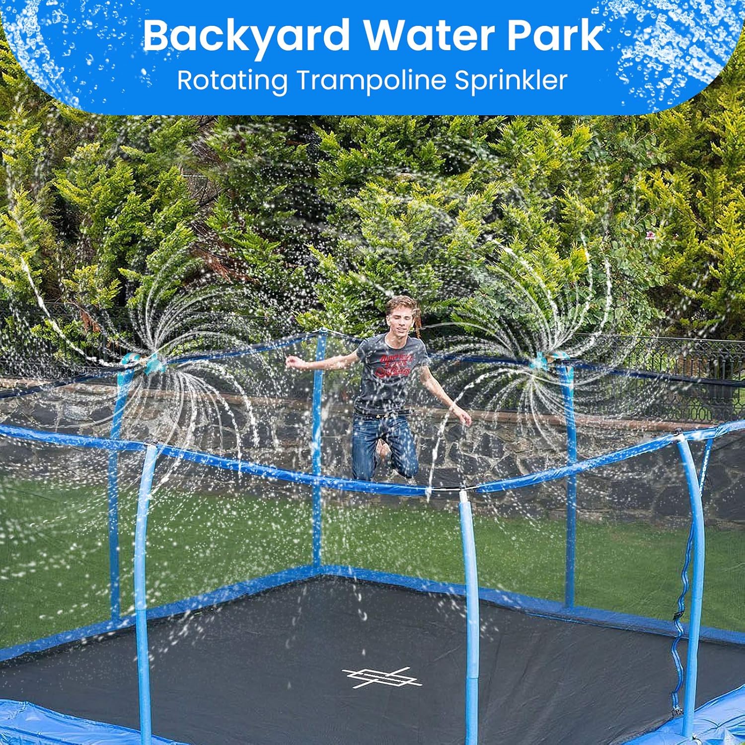 Trampoline Sprinkler for Kids Backyard Water Park Net Friendly WaterWhirl Outdoor Game Toys Adjustable Summer Toys Included Accessories Tool Exclusive Copyright (Blue)