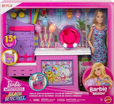 Barbie Mysteries: Beach Detectives Malibu Doll & Cotton Candy Game Booth Playset with 20 Accessories Including Prizes