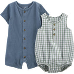 Simple Joys by Carter's Baby Boys' Button Romper, Pack of 2, Green Gingham/Tapestry Blue, 0-3 Months